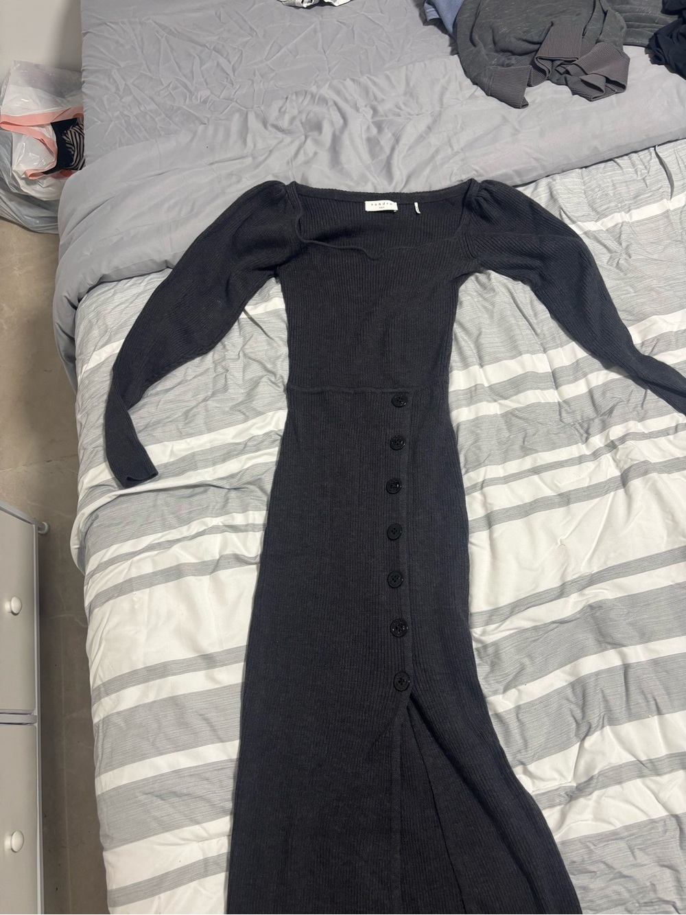 Sandro Ribbed Maxi Dress with Button-Front Detail